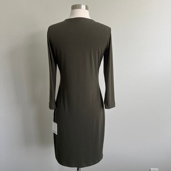 Calvin Klein Lace Up Long Sleeve Dress Soft Slinky Packable 4 Olive Green NWT - Picture 4 of 7